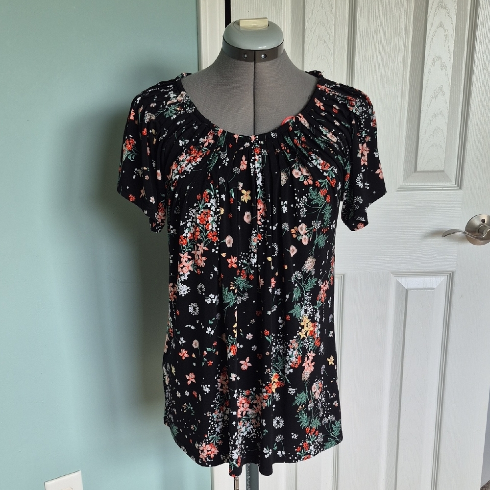 Style & Co, Black Floral Short-Sleeve Peasant Top, Like New